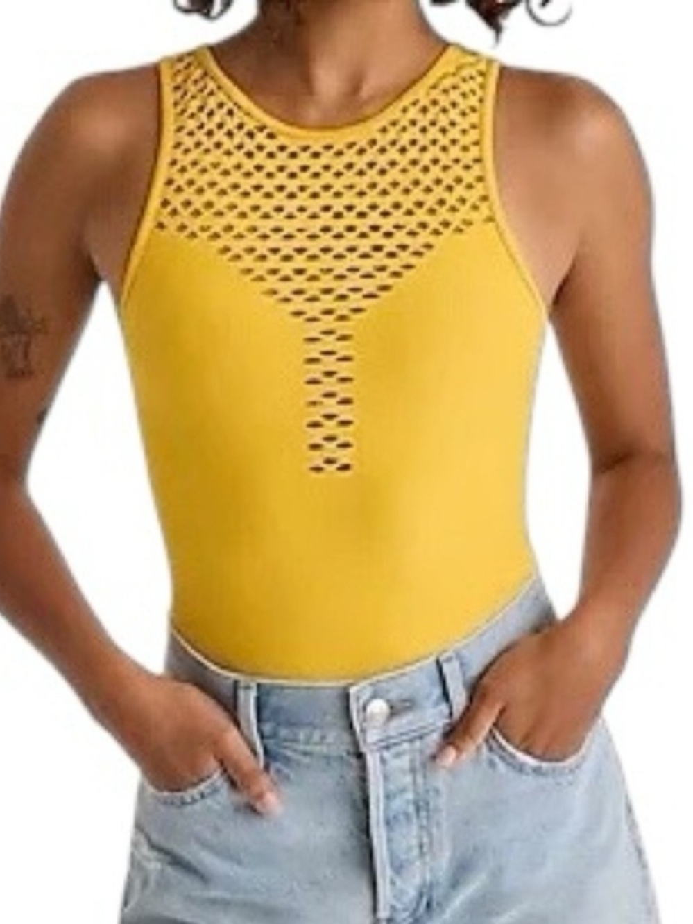 Express Yellow Mesh Body Contour Sleeveless Women's Top Bodysuit
